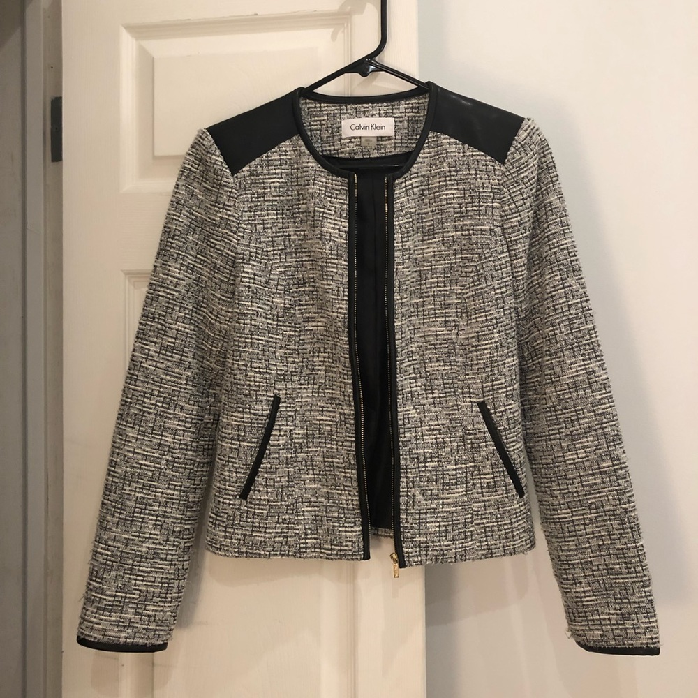 Calvin Klein Faux Leather Trim Tweed Jacket